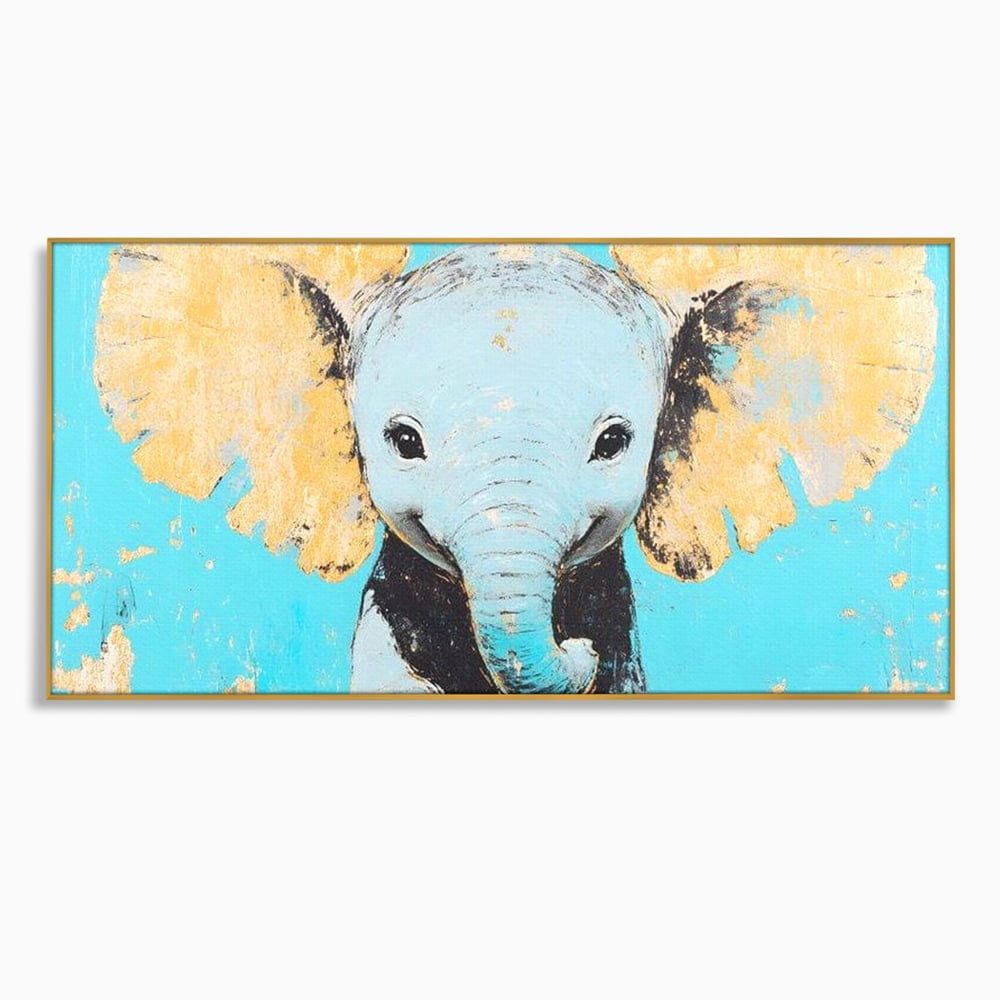 Tablou canvas cu tablou canvas cu un pui de elefant, in rama de aluminiu auriu