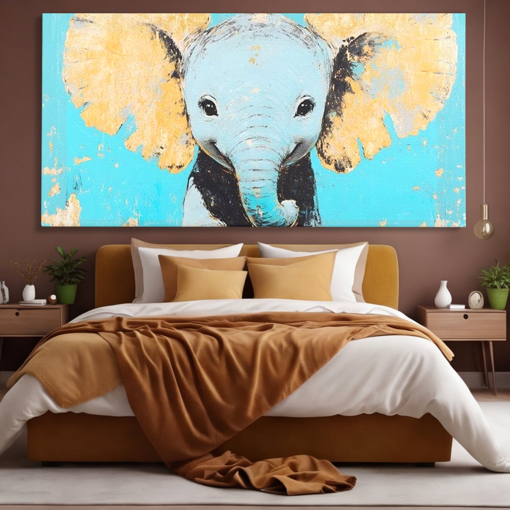 Tablou canvas cu tablou canvas cu un pui de elefant, fara rama, pe sasiu de lemn, pe perete intr-un dormitor