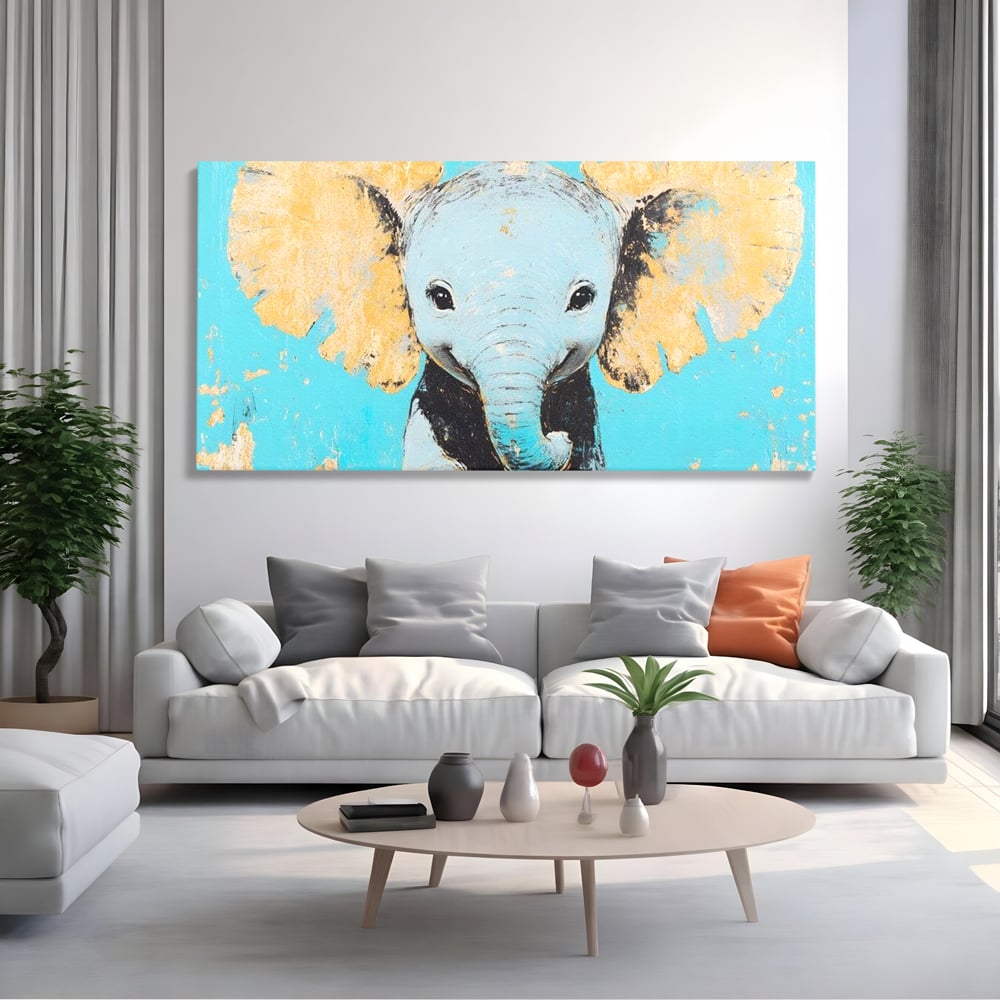 Tablou canvas cu tablou canvas cu un pui de elefant, fara rama, pe sasiu de lemn, pe perete intr-un living