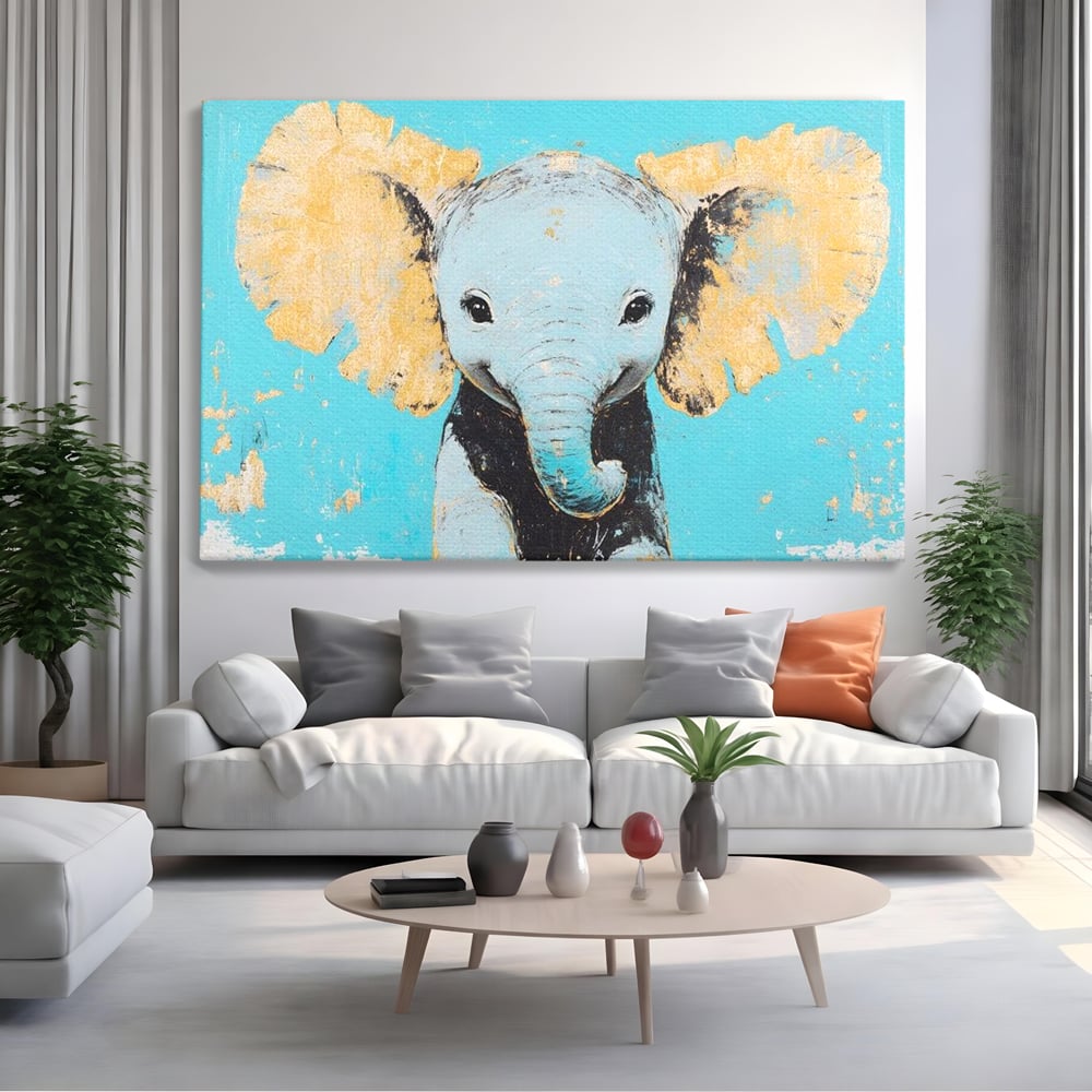 Tablou canvas cu tablou canvas cu un pui de elefant, fara rama, pe sasiu de lemn, pe perete intr-un living