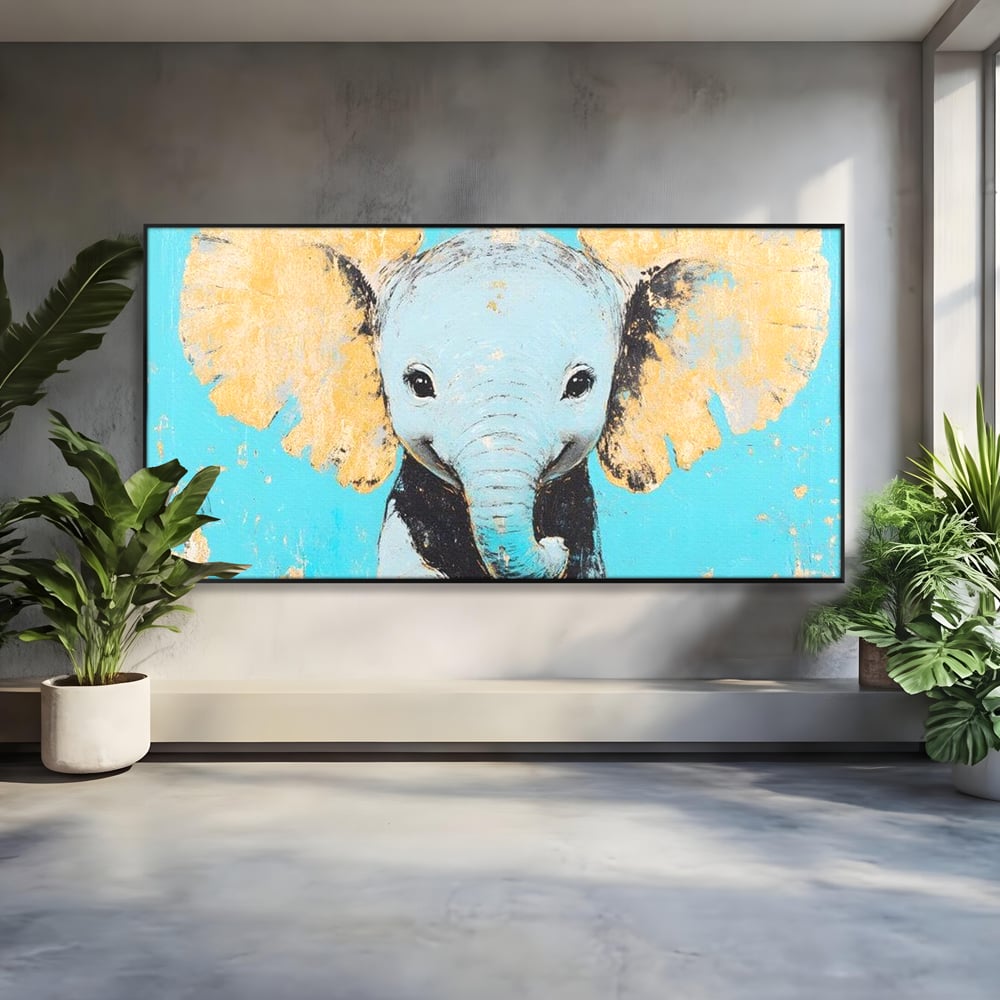 Tablou canvas cu tablou canvas cu un pui de elefant, in rama de aluminiu negru