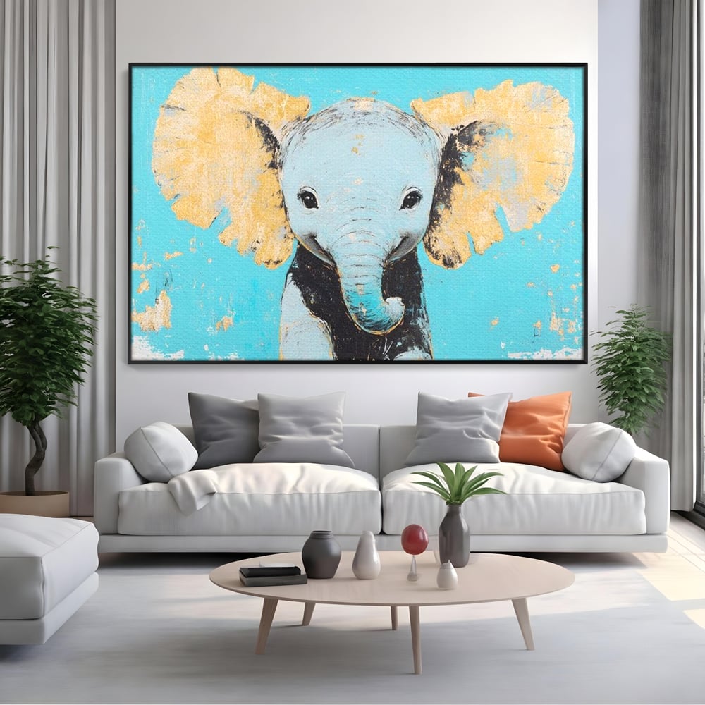 Tablou canvas cu tablou canvas cu un pui de elefant, in rama de aluminiu negru, pe perete intr-un living