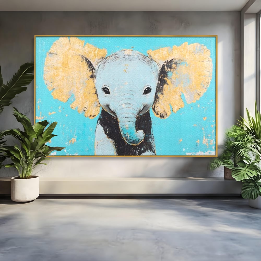 Tablou canvas cu tablou canvas cu un pui de elefant, in rama de aluminiu auriu