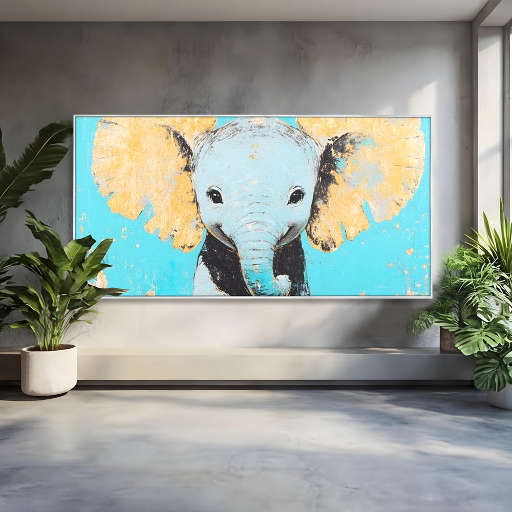 Tablou canvas cu tablou canvas cu un pui de elefant, in rama de aluminiu argintiu