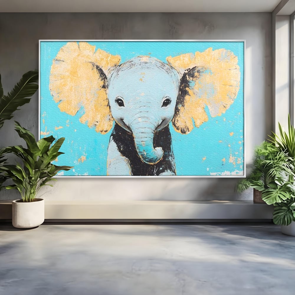 Tablou canvas cu tablou canvas cu un pui de elefant, in rama de aluminiu argintiu