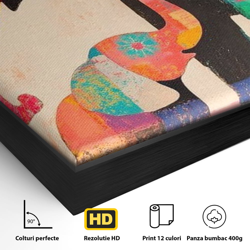 Detaliu al suprafetei: tablou pictura cu elefanti colorati, in rama de aluminiu negru