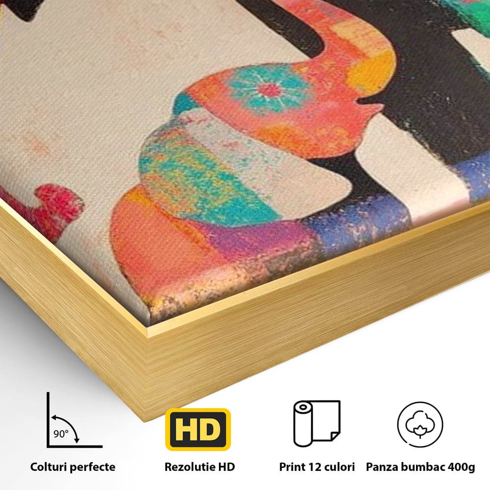 Detaliu al suprafetei: tablou pictura cu elefanti colorati, in rama de aluminiu auriu
