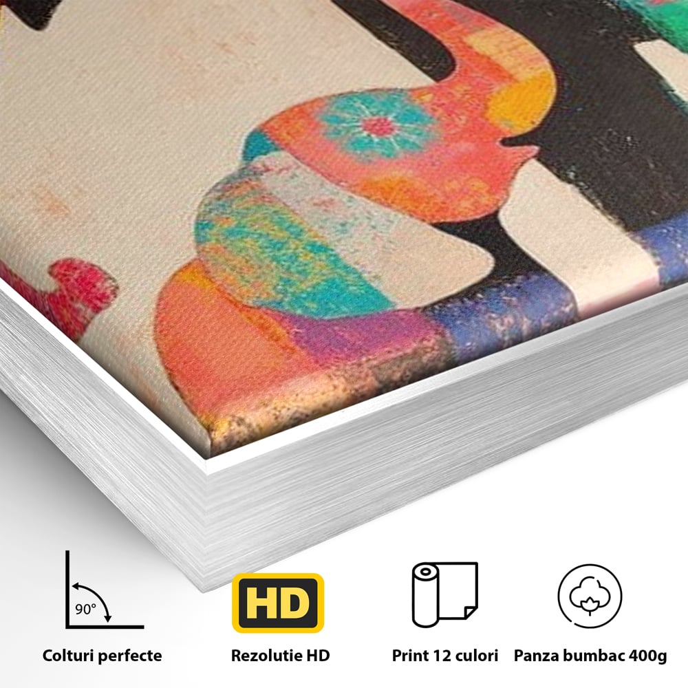Detaliu al suprafetei: tablou pictura cu elefanti colorati, in rama de aluminiu argintiu
