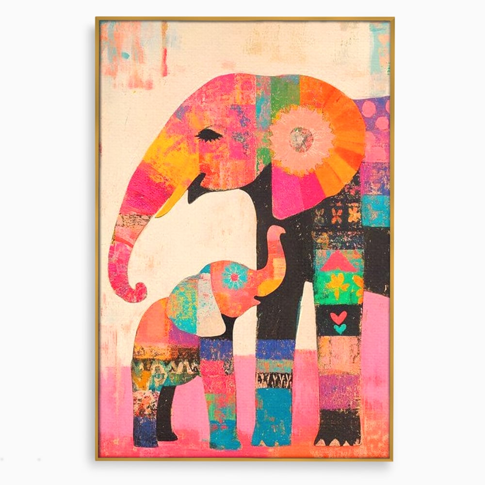 Tablou canvas cu tablou pictura cu elefanti colorati, in rama de aluminiu auriu