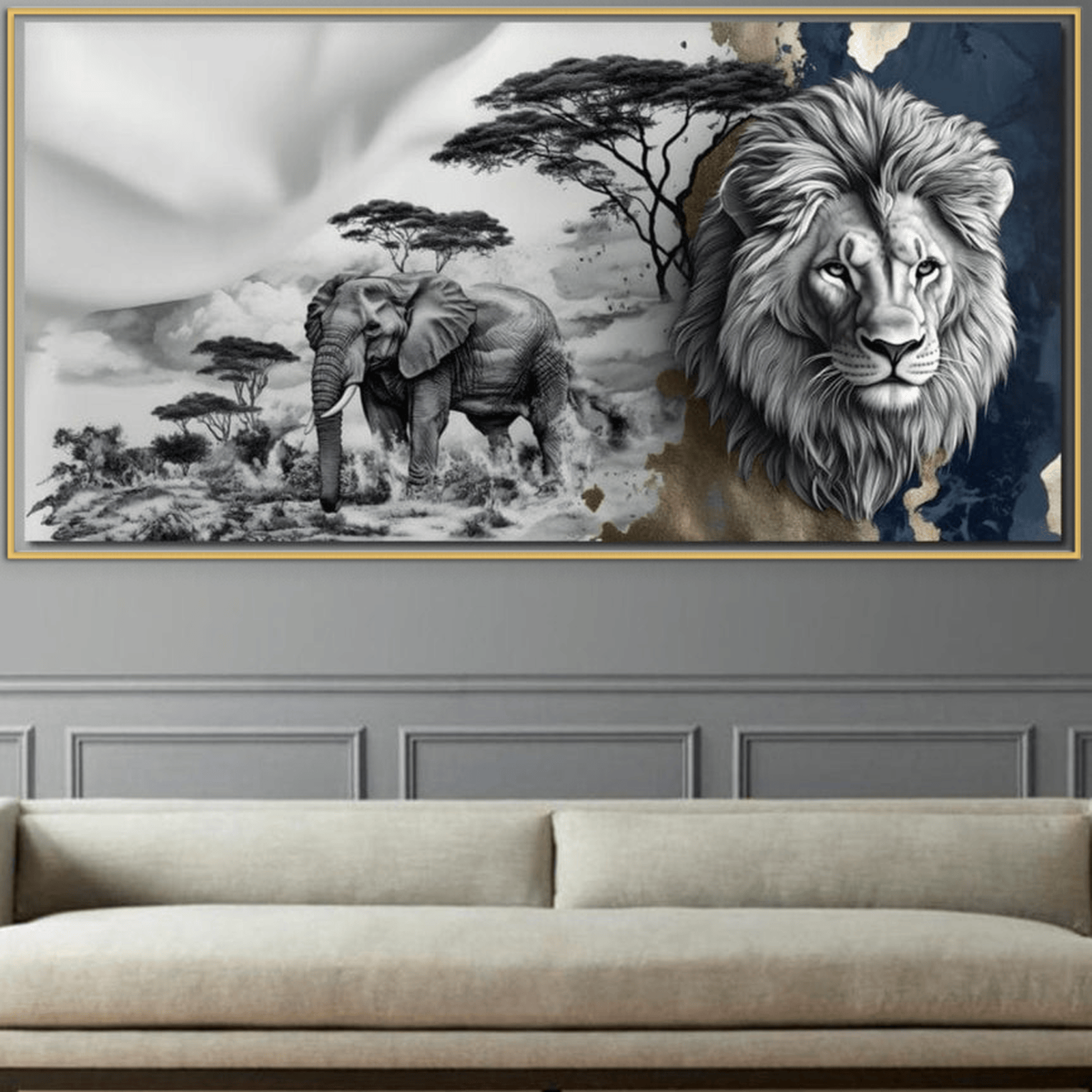 Tablou Canvas Premium, LuxCanva® M1320, Regii Savanei, Leu, Elefant, Africa, Savana, Safari, Natura, Putere, Abstract, Salbaticie, Contrast, Animale, Birou, Living, Camera Copil