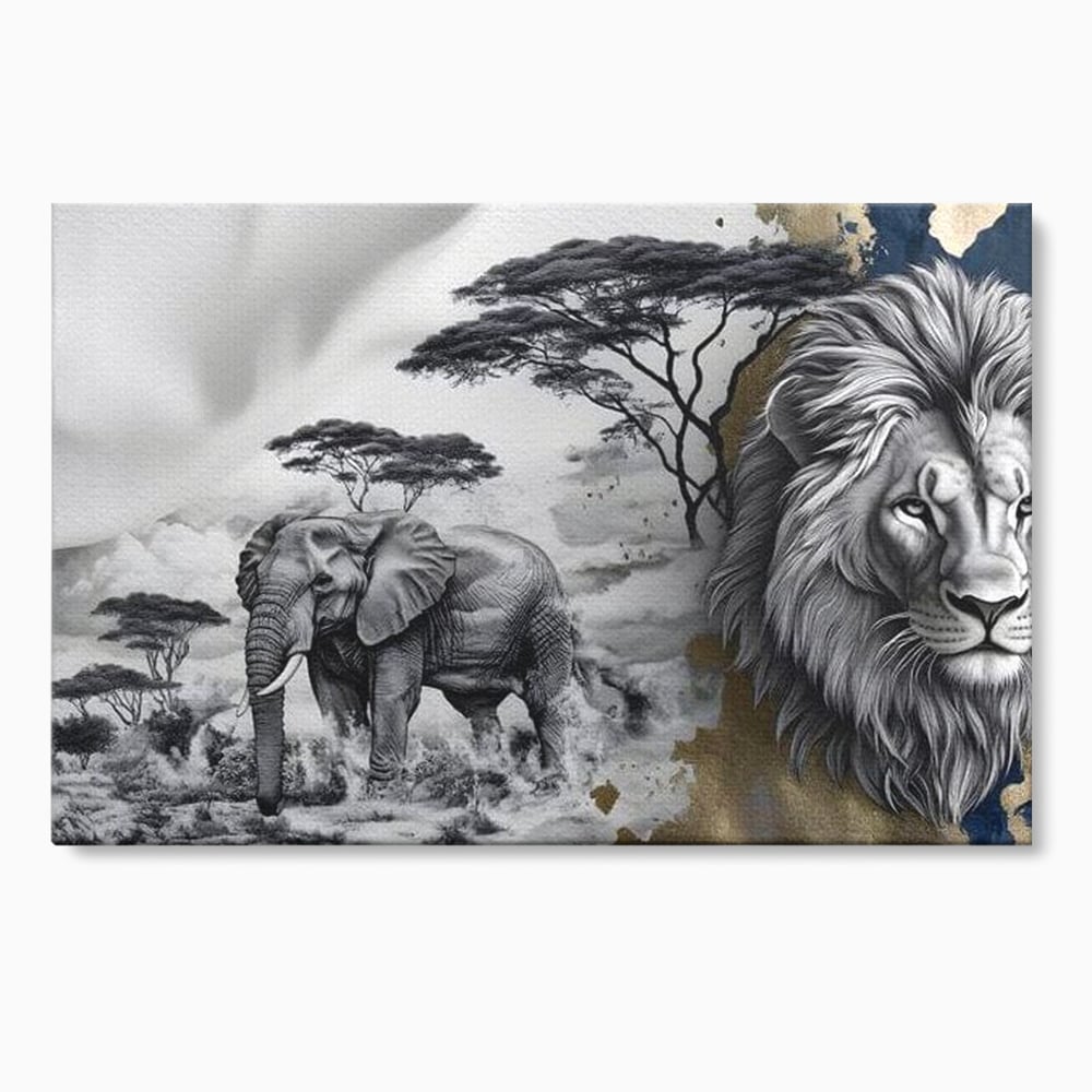 Tablou canvas cu tablou canvas cu leu si elefant, fara rama, pe sasiu de lemn