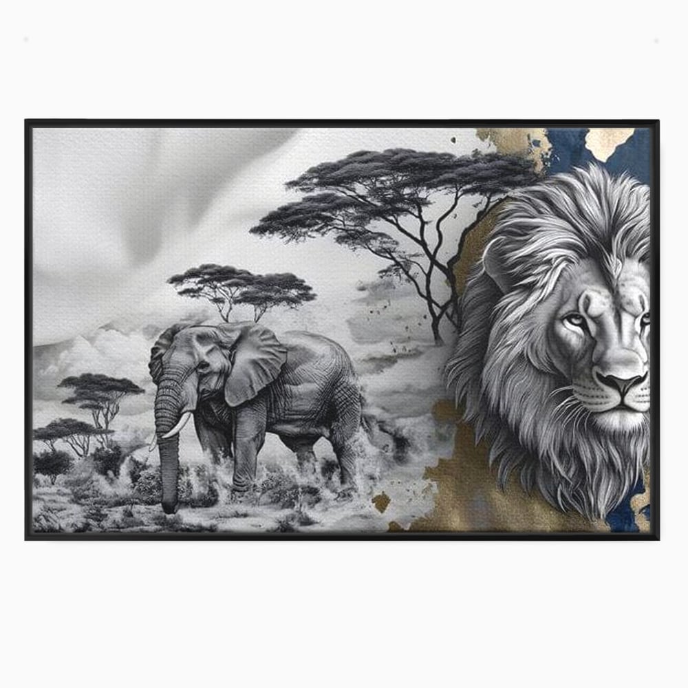 Tablou canvas cu tablou canvas cu leu si elefant, in rama de aluminiu negru