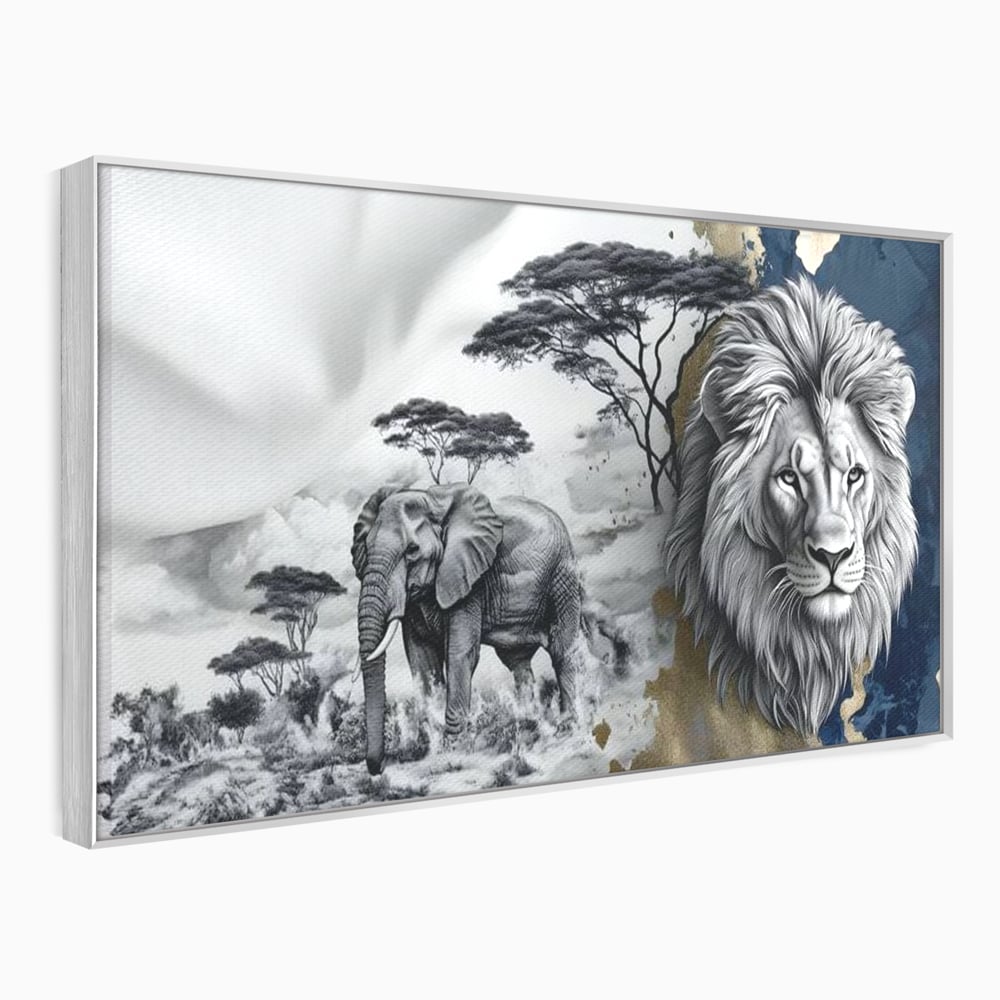 Tablou canvas cu tablou canvas cu leu si elefant, in rama de aluminiu argintiu