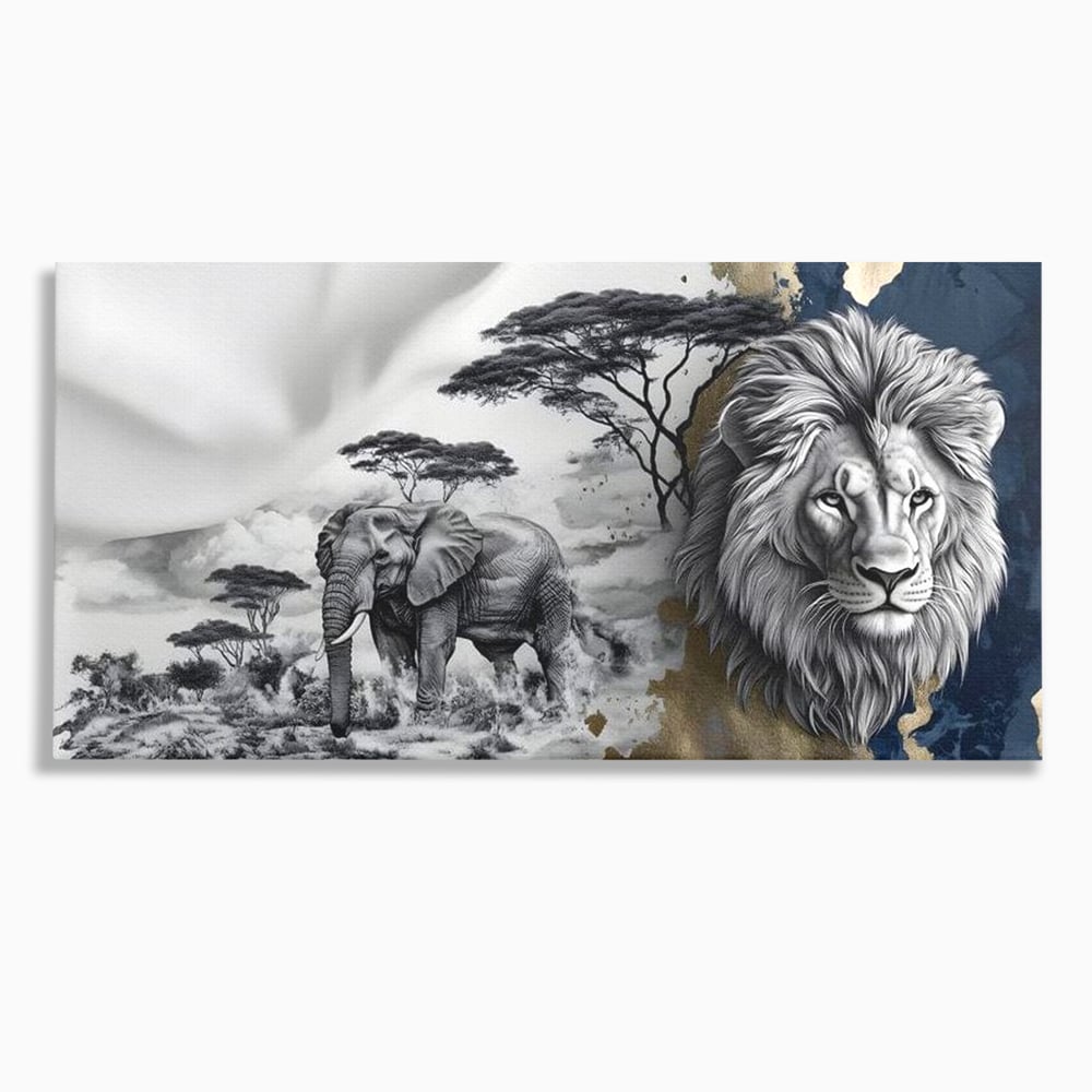 Tablou canvas cu tablou canvas cu leu si elefant, fara rama, pe sasiu de lemn