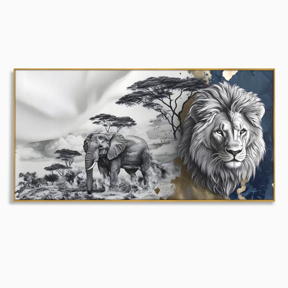 Tablou canvas cu tablou canvas cu leu si elefant, in rama de aluminiu auriu