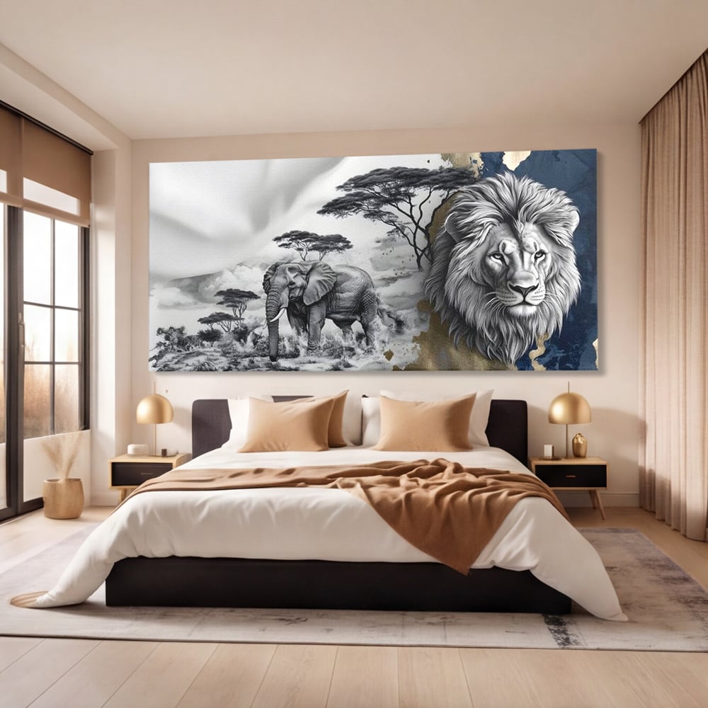 Tablou canvas cu tablou canvas cu leu si elefant, fara rama, pe sasiu de lemn, pe perete intr-un dormitor