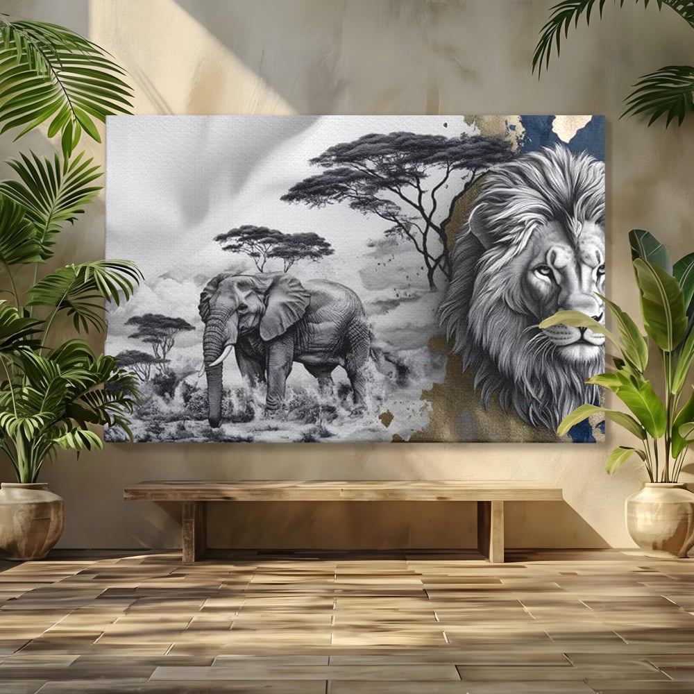 Tablou canvas cu tablou canvas cu leu si elefant, fara rama, pe sasiu de lemn