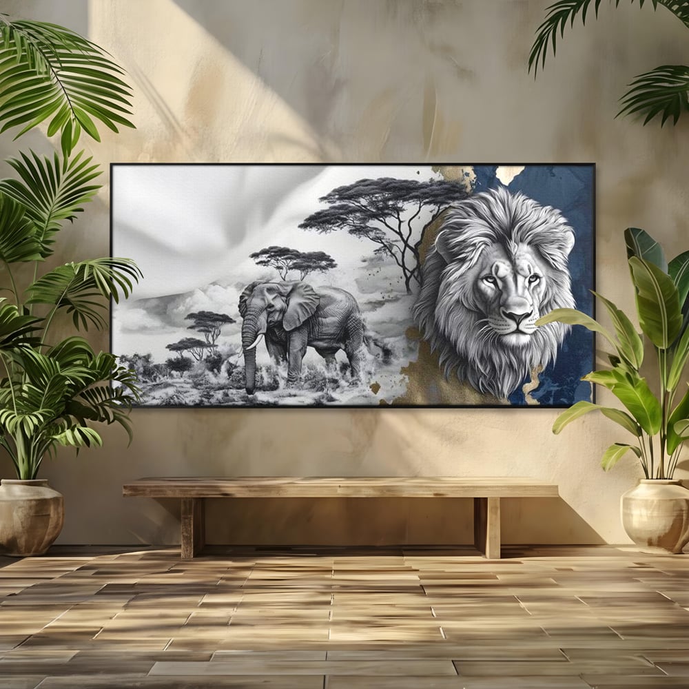 Tablou canvas cu tablou canvas cu leu si elefant, in rama de aluminiu negru