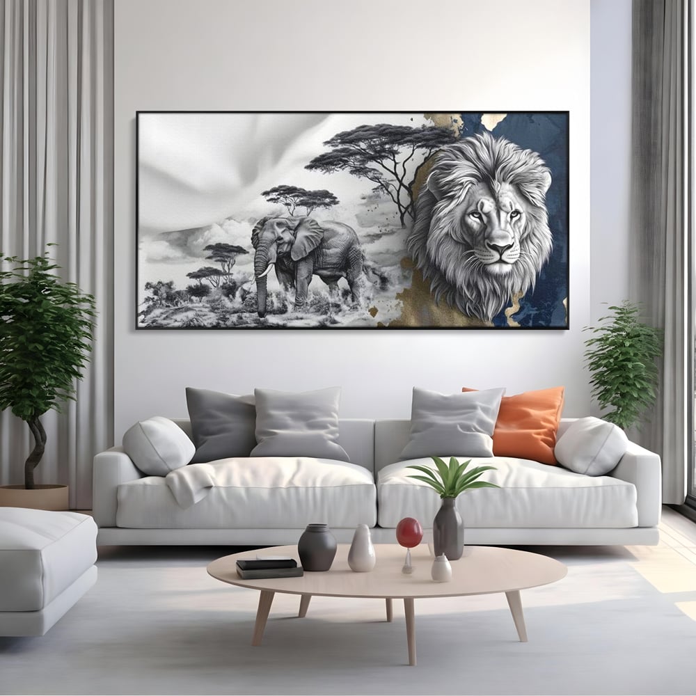 Tablou canvas cu tablou canvas cu leu si elefant, in rama de aluminiu negru, pe perete intr-un living