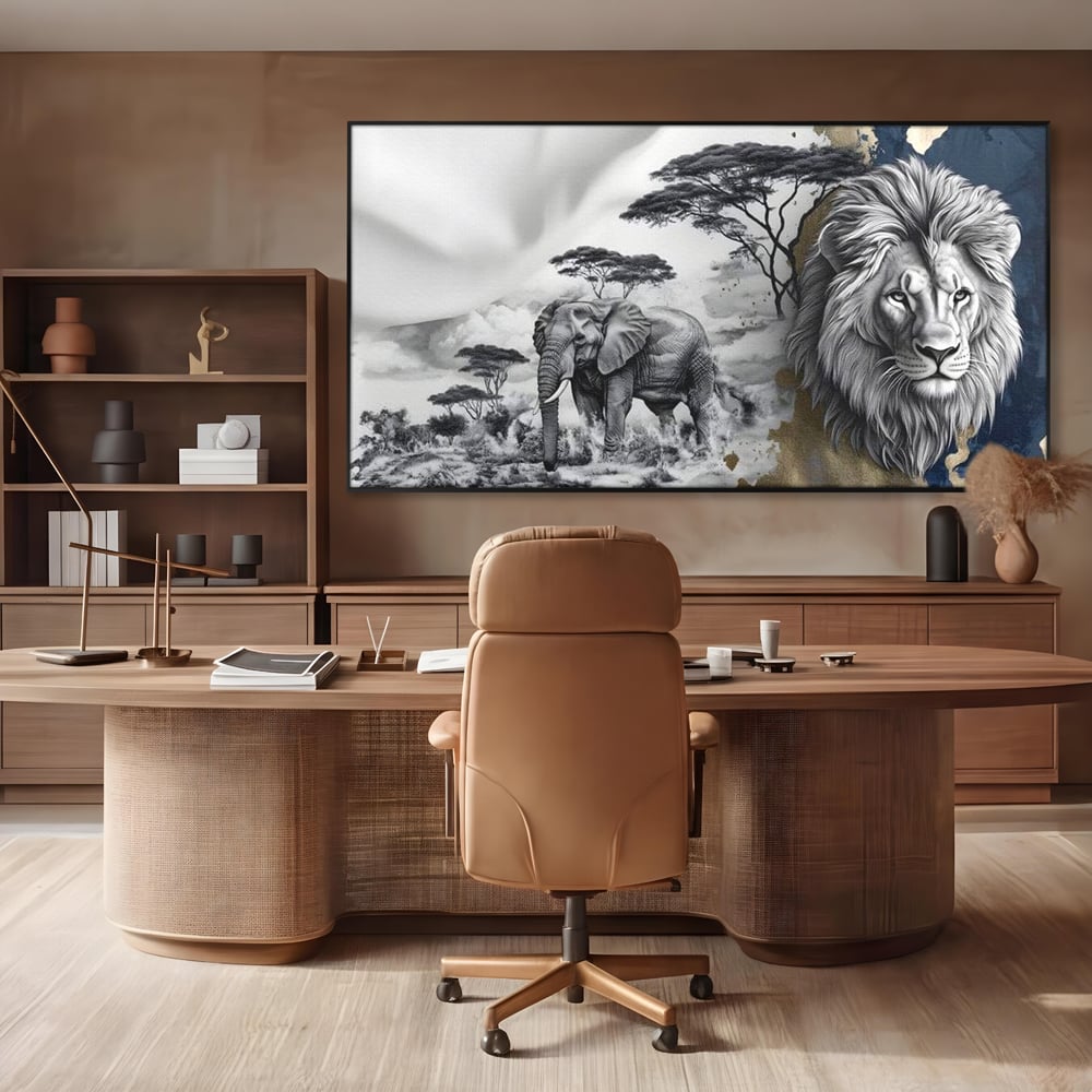 Tablou canvas cu tablou canvas cu leu si elefant, in rama de aluminiu negru, pe perete intr-un birou