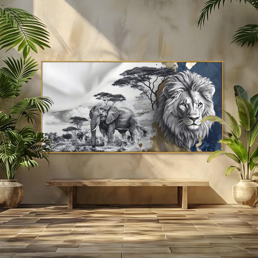 Tablou canvas cu tablou canvas cu leu si elefant, in rama de aluminiu auriu