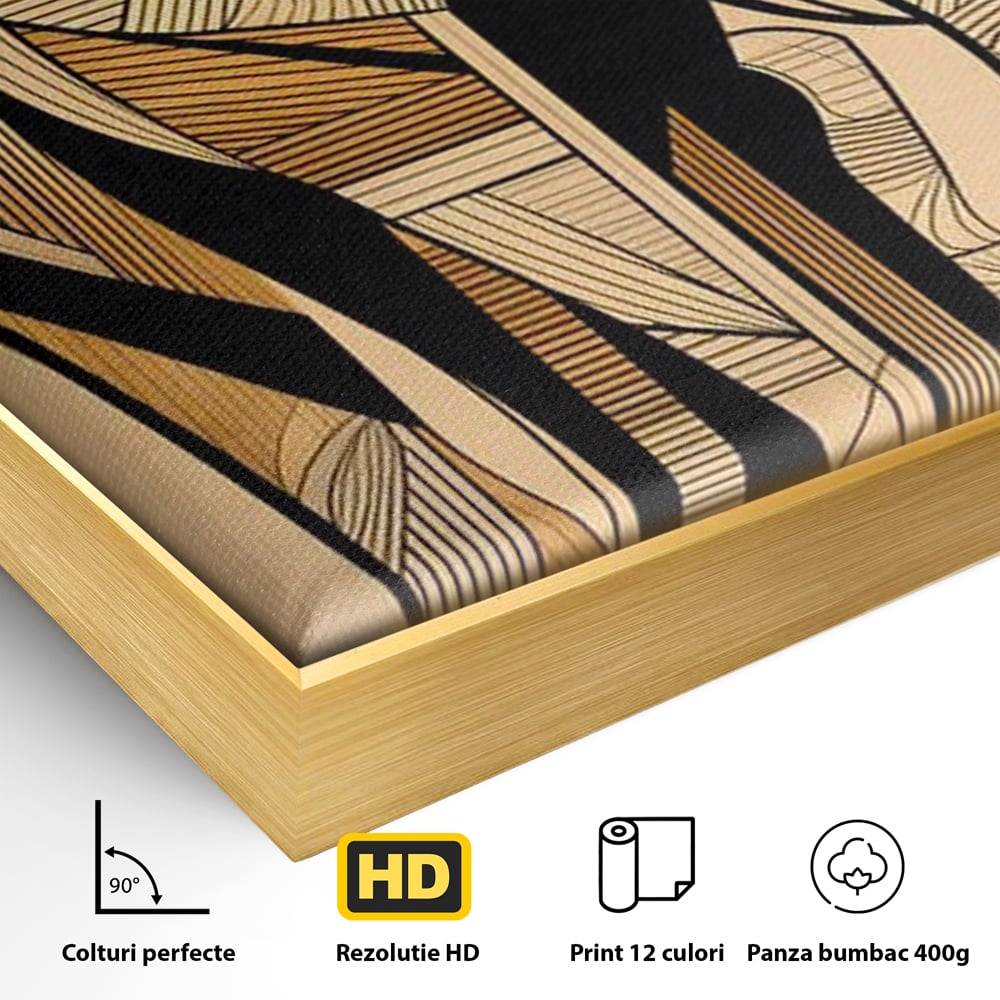 Detaliu al suprafetei: tablou canvas cu elefant geometric, in rama de aluminiu auriu