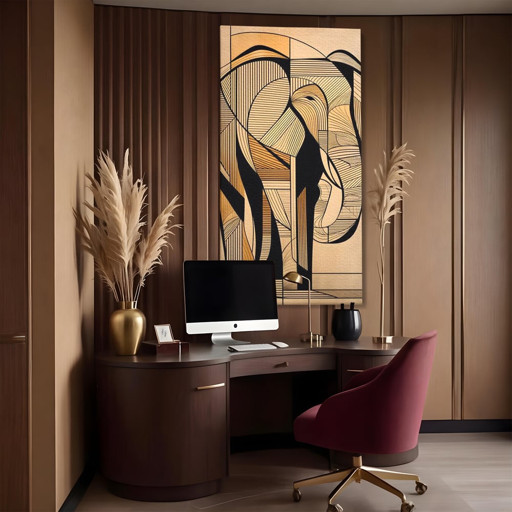 Tablou canvas cu tablou canvas cu elefant geometric, fara rama, pe sasiu de lemn, pe perete intr-un birou