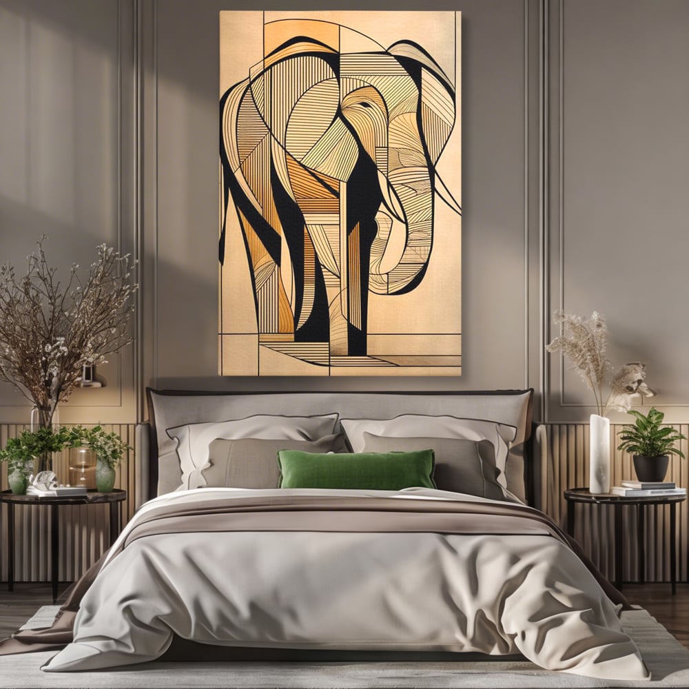 Tablou canvas cu tablou canvas cu elefant geometric, fara rama, pe sasiu de lemn, pe perete intr-un dormitor