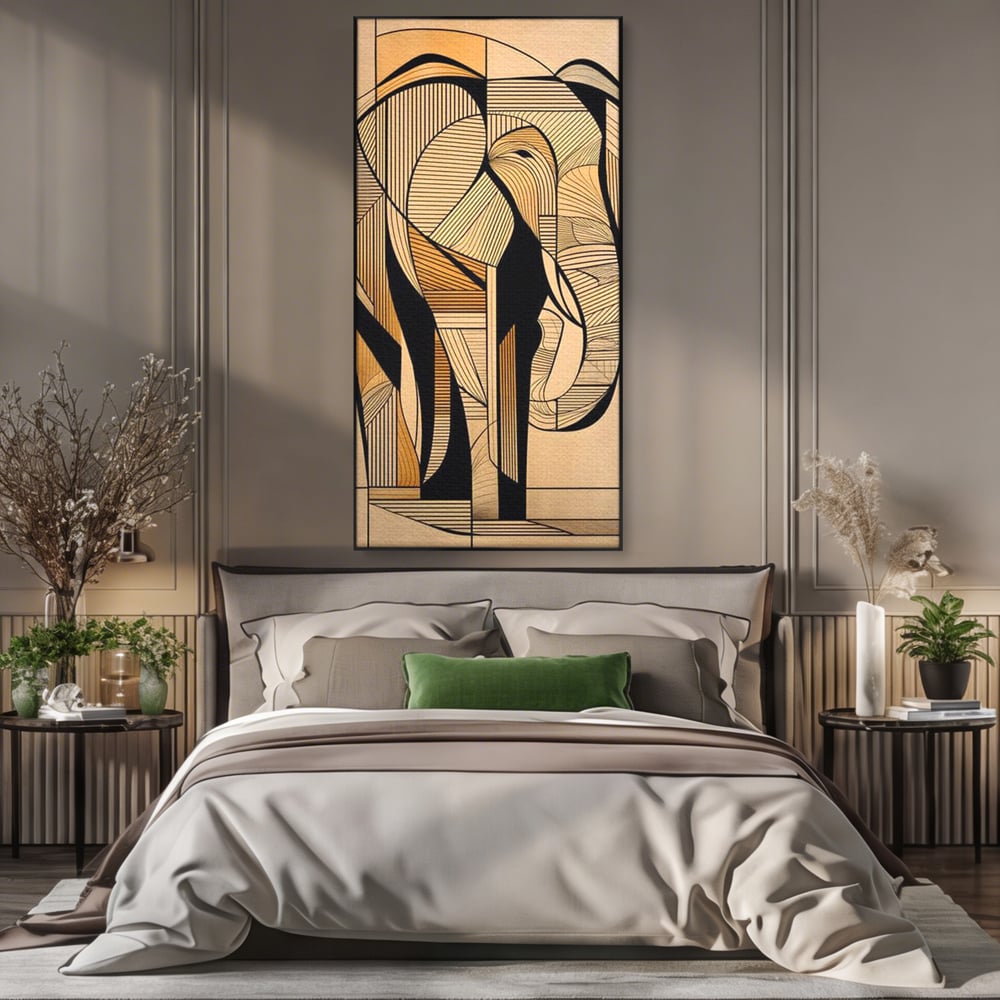 Tablou canvas cu tablou canvas cu elefant geometric, in rama de aluminiu negru, pe perete intr-un dormitor