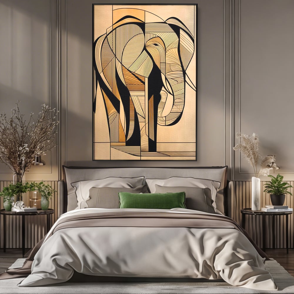 Tablou canvas cu tablou canvas cu elefant geometric, in rama de aluminiu negru, pe perete intr-un dormitor