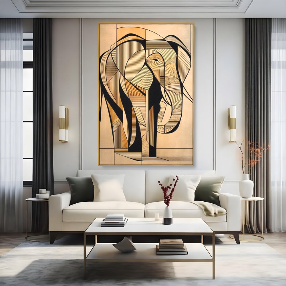 Tablou canvas cu tablou canvas cu elefant geometric, in rama de aluminiu auriu, pe perete intr-un living