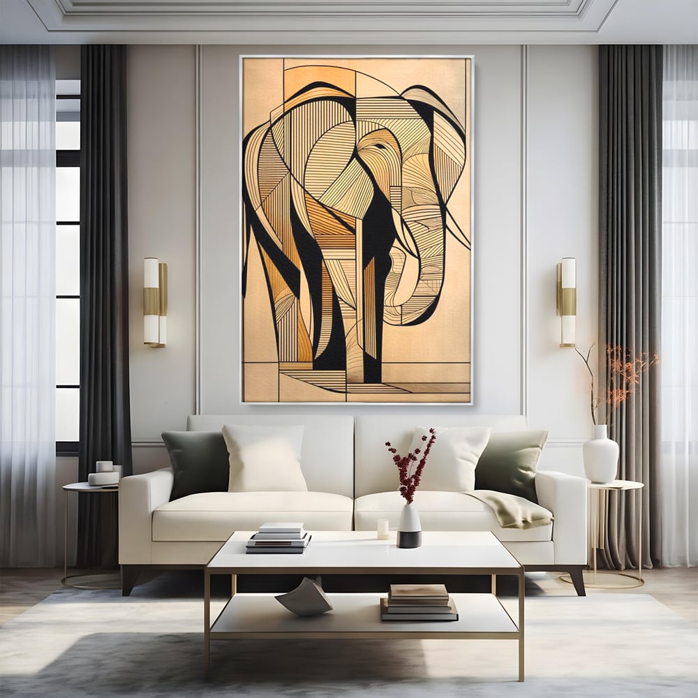 Tablou canvas cu tablou canvas cu elefant geometric, in rama de aluminiu argintiu, pe perete intr-un living