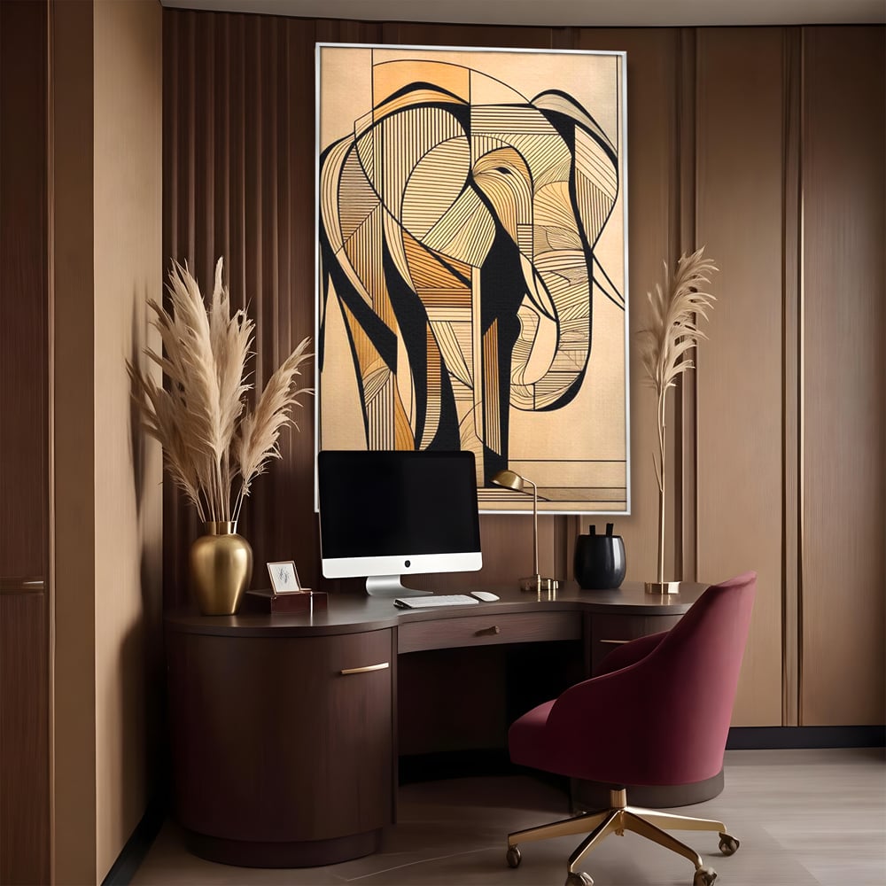 Tablou canvas cu tablou canvas cu elefant geometric, in rama de aluminiu argintiu, pe perete intr-un birou