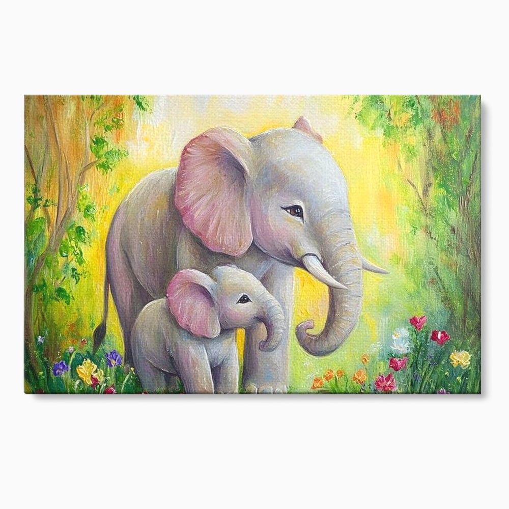 Tablou canvas cu pictura cu doi elefanti intr-o gradina, fara rama, pe sasiu de lemn