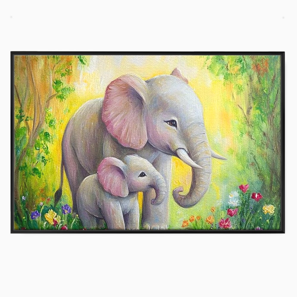 Tablou canvas cu pictura cu doi elefanti intr-o gradina, in rama de aluminiu negru