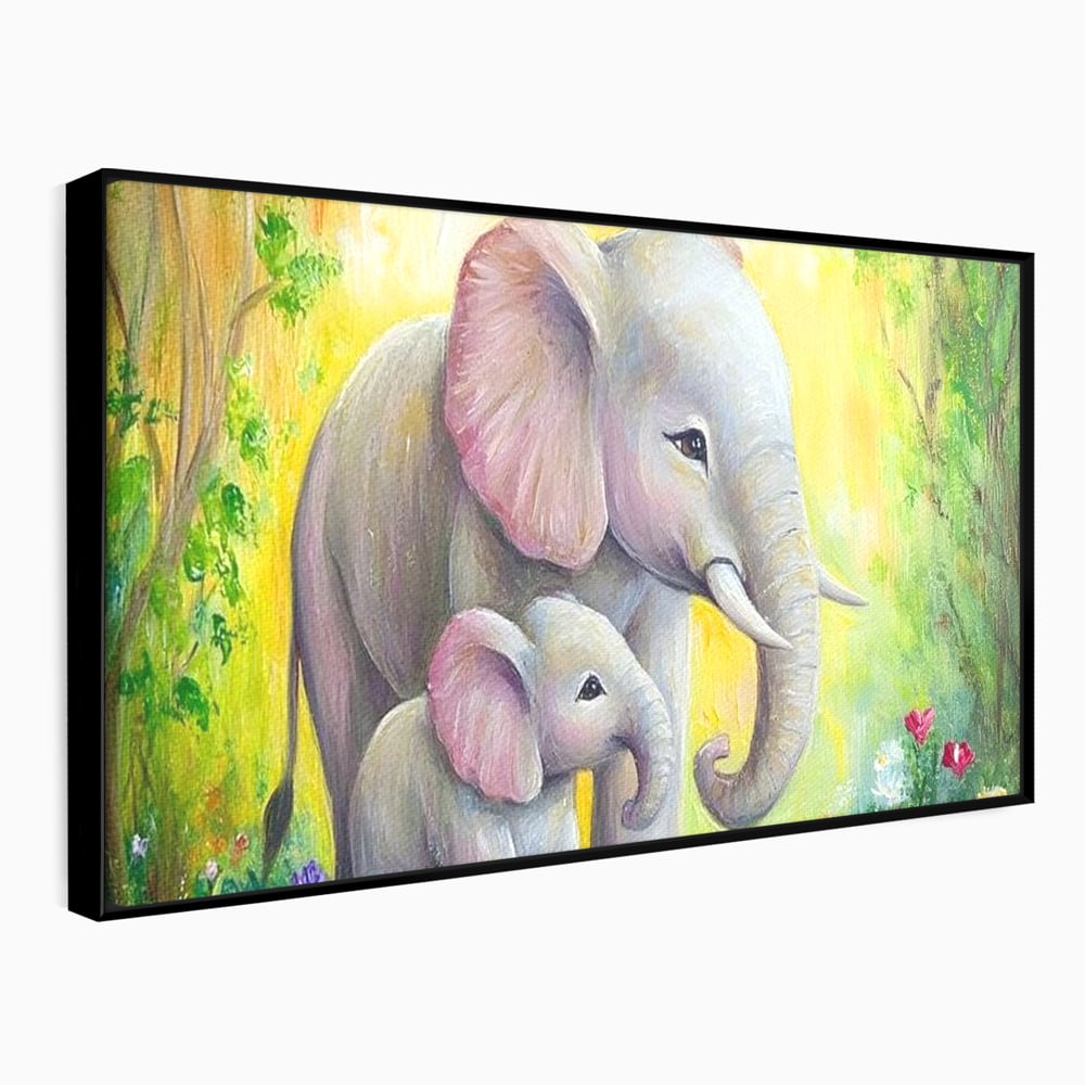Tablou canvas cu pictura cu doi elefanti intr-o gradina, in rama de aluminiu negru