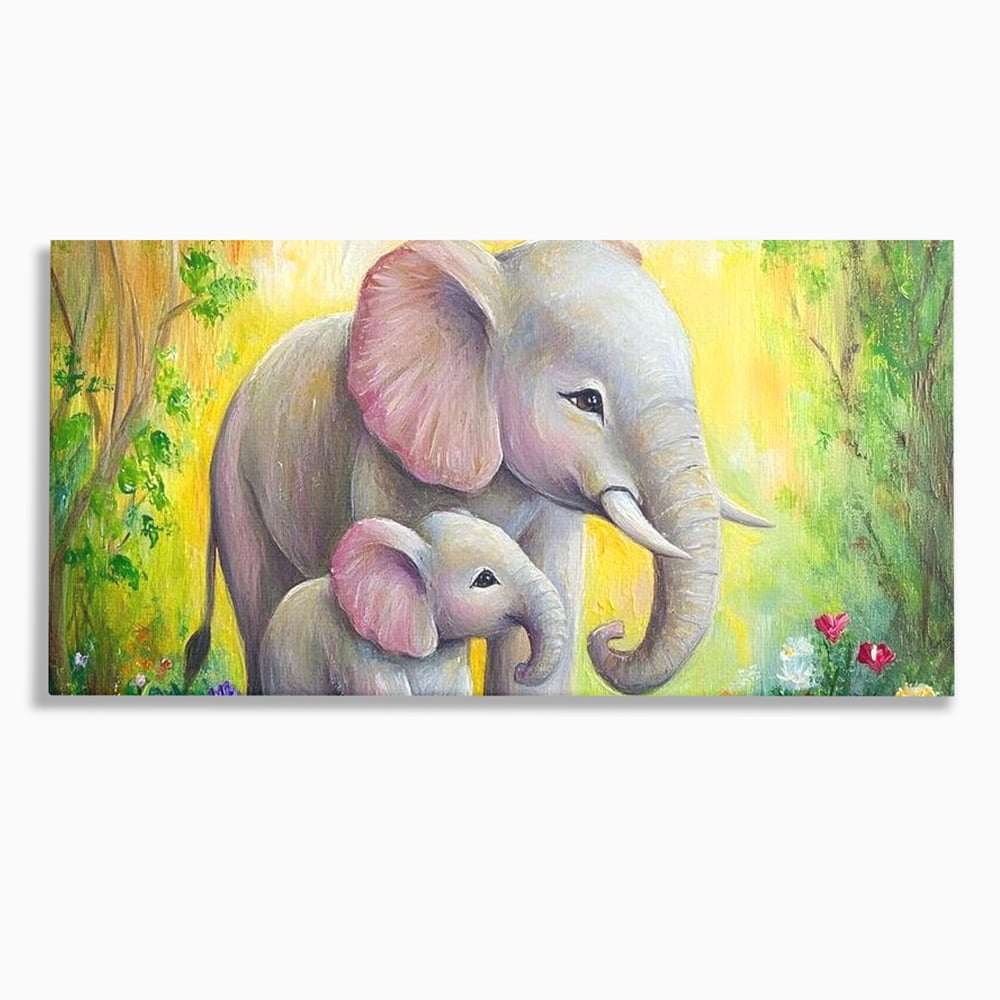 Tablou canvas cu pictura cu doi elefanti intr-o gradina, fara rama, pe sasiu de lemn