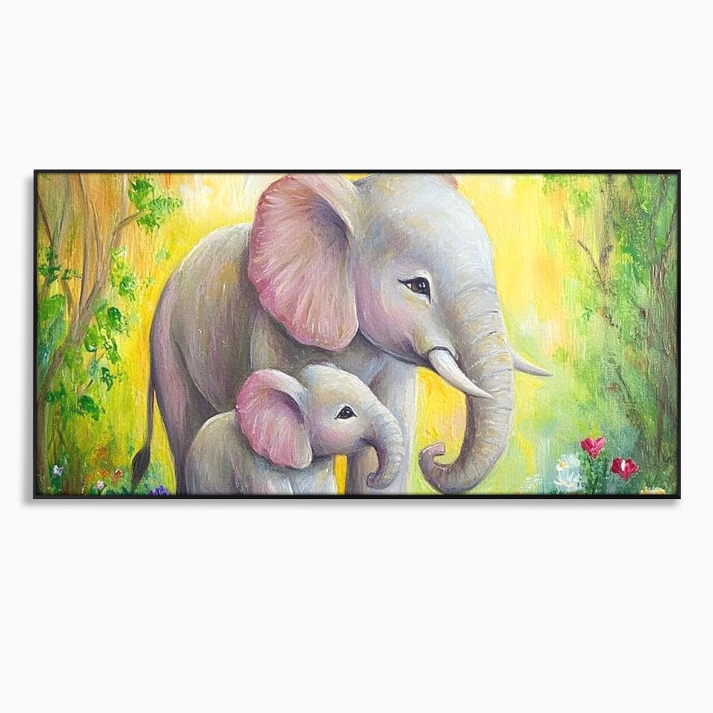 Tablou canvas cu pictura cu doi elefanti intr-o gradina, in rama de aluminiu negru