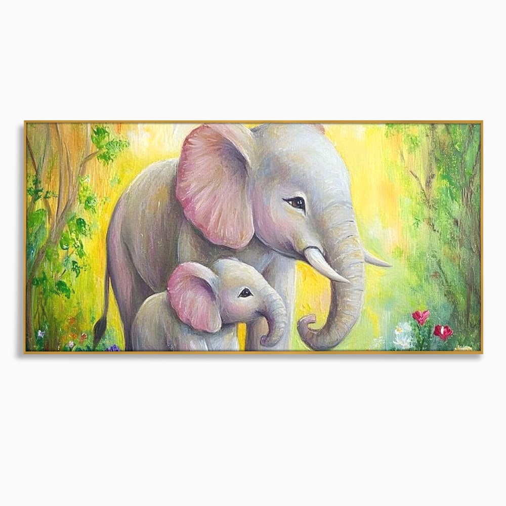Tablou canvas cu pictura cu doi elefanti intr-o gradina, in rama de aluminiu auriu