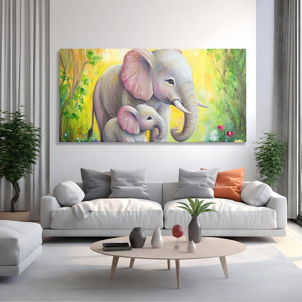 Tablou canvas cu pictura cu doi elefanti intr-o gradina, fara rama, pe sasiu de lemn, pe perete intr-un living