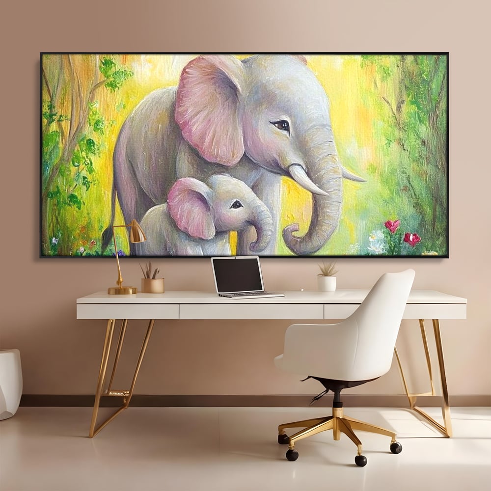 Tablou canvas cu pictura cu doi elefanti intr-o gradina, in rama de aluminiu negru, pe perete intr-un birou