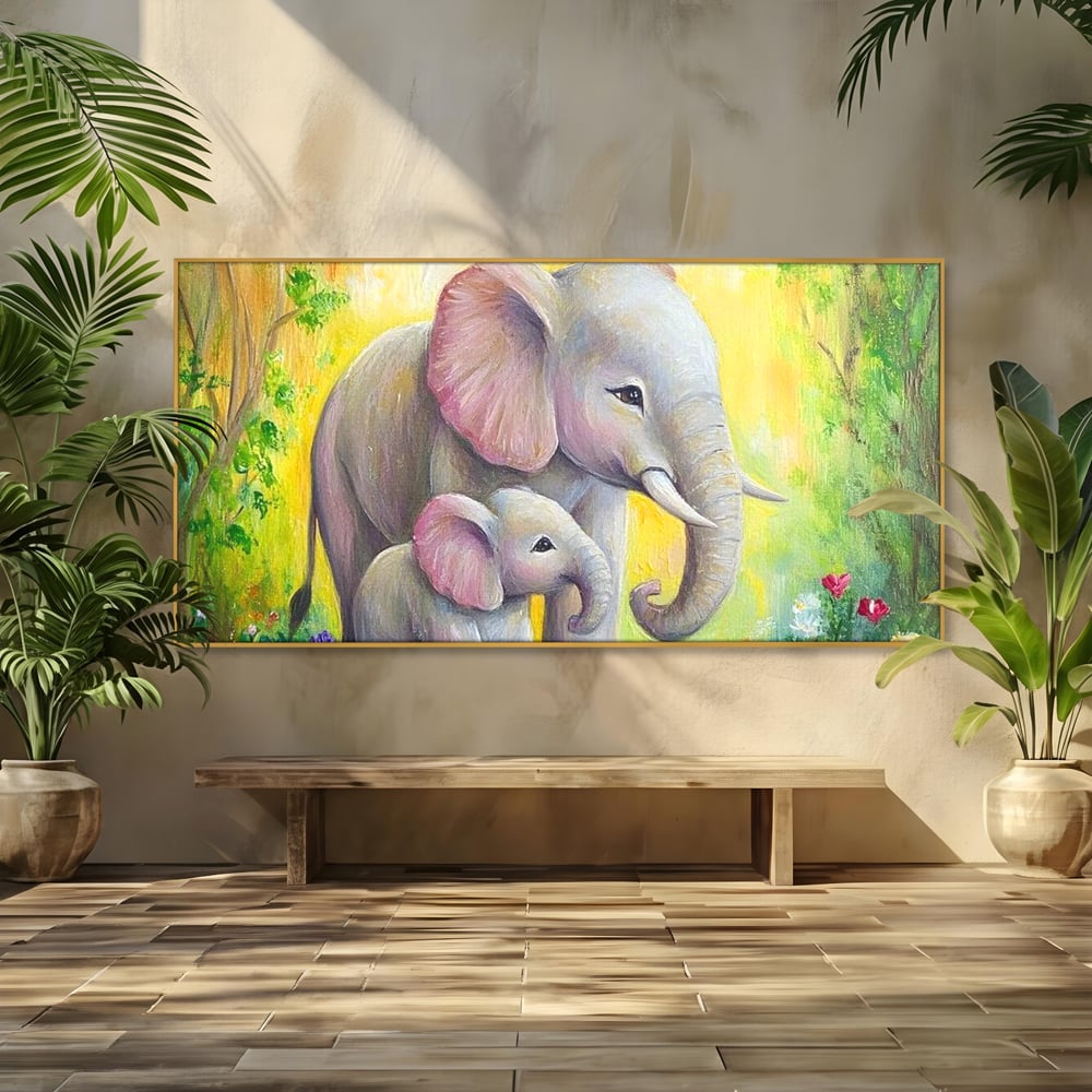 Tablou canvas cu pictura cu doi elefanti intr-o gradina, in rama de aluminiu auriu