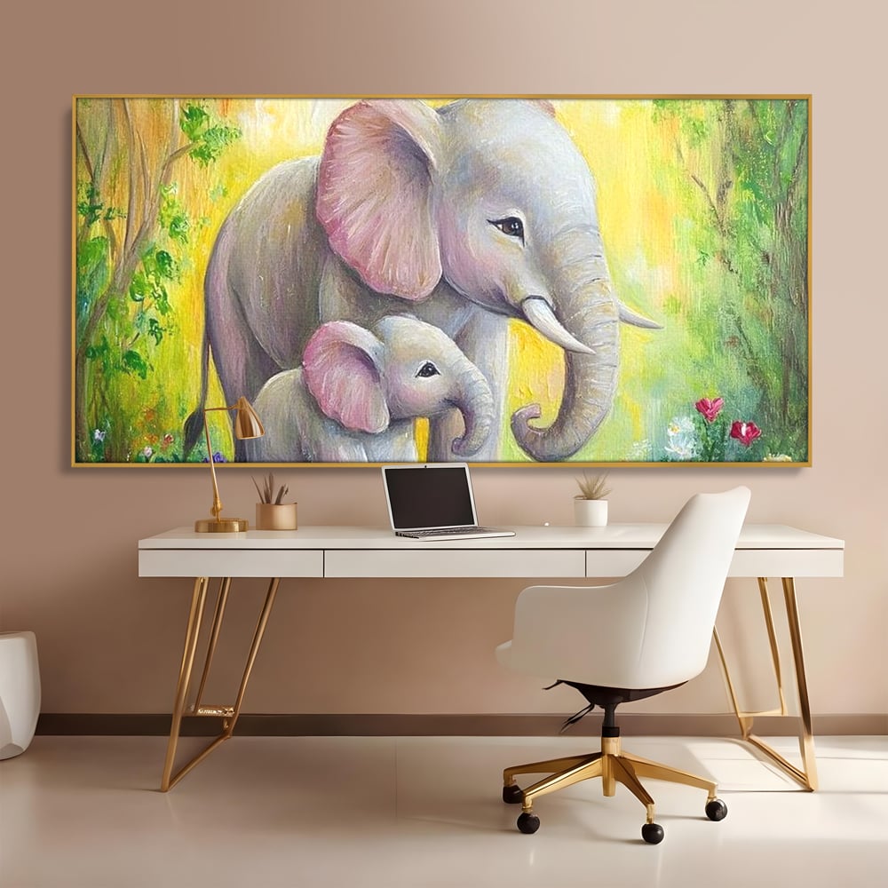 Tablou canvas cu pictura cu doi elefanti intr-o gradina, in rama de aluminiu auriu, pe perete intr-un birou