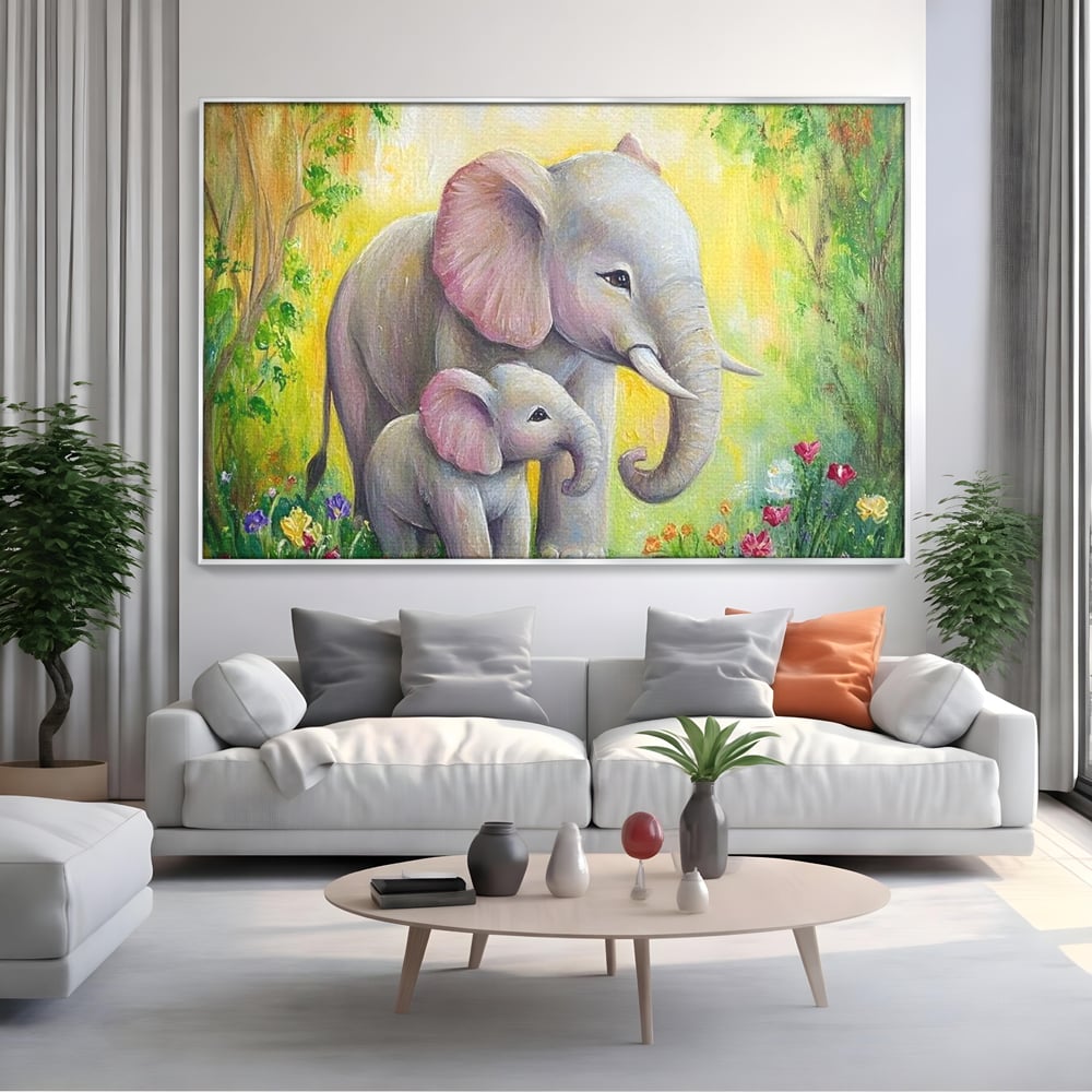 Tablou canvas cu pictura cu doi elefanti intr-o gradina, in rama de aluminiu argintiu, pe perete intr-un living