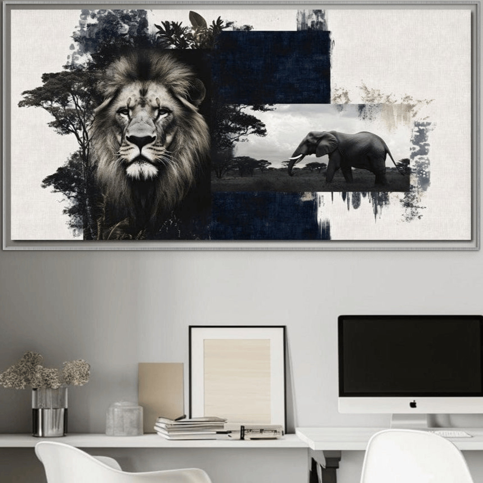 Tablou Canvas Premium, LuxCanva® M1323, Alianta Eterna, Leu, Elefant, Putere, Arta Abstracta, Contrast, Salbaticie, Natura, Cadru, Savana, Animale, Noblete, Birou, Living, Camera Copil