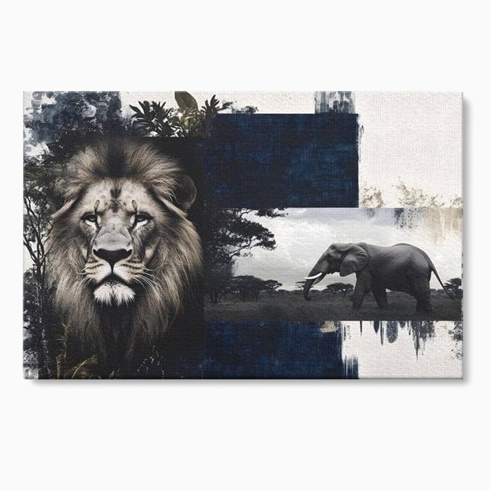 Tablou canvas cu tablou canvas cu leu si elefant, fara rama, pe sasiu de lemn