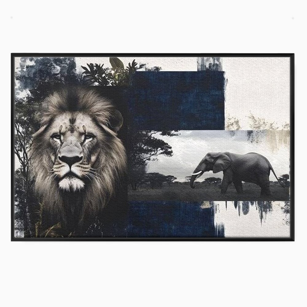 Tablou canvas cu tablou canvas cu leu si elefant, in rama de aluminiu negru