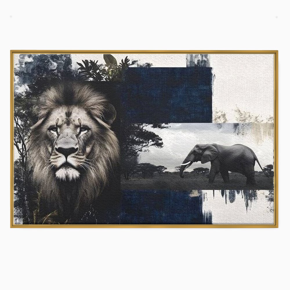 Tablou canvas cu tablou canvas cu leu si elefant, in rama de aluminiu auriu