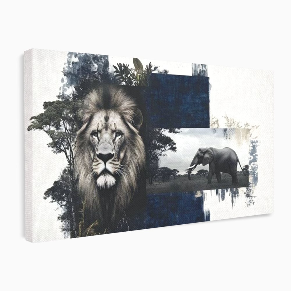 Tablou canvas cu tablou canvas cu leu si elefant, fara rama, pe sasiu de lemn