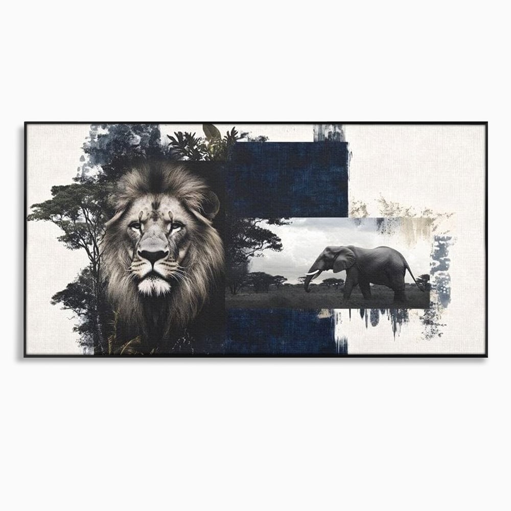 Tablou canvas cu tablou canvas cu leu si elefant, in rama de aluminiu negru